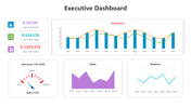 Executive dashboard with KPIs, sales, revenue gauge, payment stats, bar, line, balance charts in colorful design.