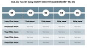 Dashboard template with five numbered columns and placeholders text areas in different shades of grey theme.