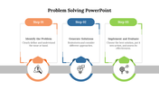 Three boxes in orange, blue, and green representing problem solving steps, with icons connected by a grey horizontal line.