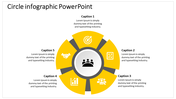 Circle infographic PPT slide with five sections, each containing a yellow icon and captions with placeholder text.
