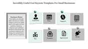 Keynote template featuring a framed note section and eight square icons representing various business aspects.
