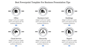 Two-row infographic with six circular icons labeled office, business card, buildings, cloud service, hierarchy, and report.
