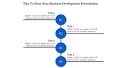 PowerPoint slide for a business development presentation with four steps and space for tailored titles and descriptions.