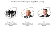 Three-part slide featuring black silhouettes of a business team, a bald manager in a suit, and a smiling CEO.