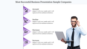 Business infographic with four purple arrows indicating financial trends and a man holding a laptop on the right.