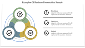 Slide featuring a three-step process diagram with green, blue, and yellow sections, each with caption areas.