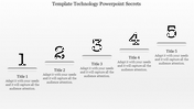 Technology steps arranged diagonally from 1 to 5 with placeholders for titles and captions beneath each number.