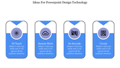 Four blue cards with rounded corners featuring technology related icons and labels arranged in a horizontal row.