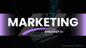 Sample marketing strategy slide with dark theme, purple shapes, arrows, charts, and structured text sections.