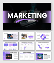 Sample marketing strategy slide with dark theme, purple shapes, arrows, charts, and structured text sections.