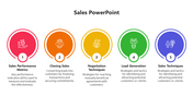 Sales PowerPoint slide detailing key concepts from performance metrics to sales techniques with colorful icons and text.