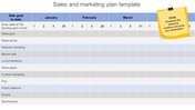 Sales and marketing plan template with a table showing dates for three months, with rows for different marketing activities.