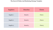 Sales and marketing strategy table with red headers for Suppliers, Branches, and Clients, listing three entries each.
