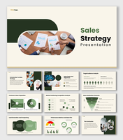 The Sales Strategy Presentation with green theme, charts, funnel diagram, icons, and business analysis layouts.