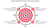 Target diagram with concentric red circles, arrows pointing outward to numbered sections with caption areas.