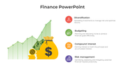 Finance PPT slide features a Green line chart, gold coins, and a money bag to illustrate financial growth with icons.