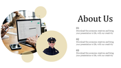 About us slide with a circular laptop image and beige circles with police officer cutout, alongside three numbered text.