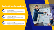Project plan slide showcases three sections with a man presenting a visual graph on a yellow and blue backdrop.