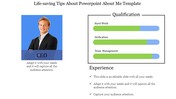 Slide with a profile image on blue background, and green bars for qualifications, and a list of experience highlights.