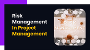 Risk Management In Project Management slides with dark theme, charts, risk assessment, mitigation and monitoring steps.