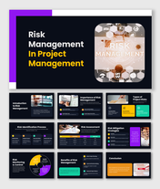 Risk Management In Project Management slides with dark theme, charts, risk assessment, mitigation and monitoring steps.