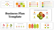 Collection of various business plan slides showcasing sections in different color coded layout designs and icons.