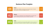 Business plan template showing vision, mission, and goals with descriptions for each section in a colorful layout with icons.