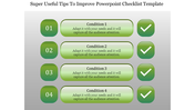 Green gradient checklist template with four numbered conditions, text placeholders, and checkmark icons.