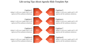 Agenda slide with eight numbered orange arrow shapes arranged in two vertical columns, paired with captions on either side.