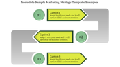 Marketing strategy template with three steps, each represented by numbered circles and descriptive captions.