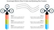 Two flower shaped diagrams with numbered petals connected to colorful vertical blocks, paired with sales and marketing plans.
