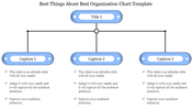 Organization chart template with a central blue title box connected to three caption boxes below, each with bullet points.