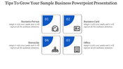 Business slide showing four sections with numbers and icons, and hierarchy chart, alongside captions.