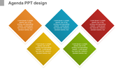Agenda design template with five colored diamonds containing placeholder text, aligned in a staggered layout.