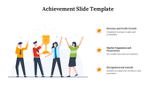 Achievement-themed slide showing a trophy with four characters raising their arms in celebration, with text areas.