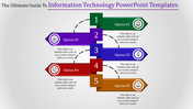 A vertical infographic with five colored options and icons for an information technology PowerPoint template.