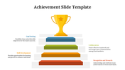 A golden trophy on top of a five step staircase, each labeled with text, featuring colors from red to blue.