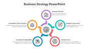 Multicolored business strategy slide with sections in purple, orange, blue, red, and teal, each connected to a central gear.