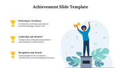 Achievement slide with three gold icons and text on the left, and a person holding a trophy on a podium surrounded by leaves.