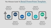 Retail PPT slide featuring six options with associated icons for business processes such as opening, payment, and shipping.