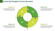 Circular puzzle infographic with four green segments, each numbered and paired with captions around the outer edges.