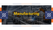 Modern manufacturing template showcasing robotics, automation, workflow, quality control, and production insights.