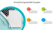 Agenda template with a circular design showing a notebook, pen, and laptop, surrounded by four colorful caption areas.