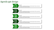 Vertical agenda template with five green arrow pointers leading to rectangular text boxes on a white background.