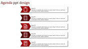 Agenda slide design with red arrow shapes and white text boxes arranged vertically, featuring five labeled steps.