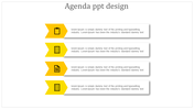 Four step yellow agenda slide with icons and white text boxes aligned horizontally.