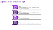 Process flow agenda slide featuring four horizontally aligned steps with purple icons and text sections.