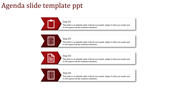 Horizontal agenda slide with four red arrow shaped blocks featuring icons and white text boxes aligned on the right.