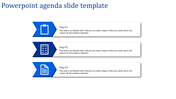 Agenda PPT slide with three blue arrow icons representing steps, paired with text boxes for descriptions.