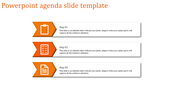Agenda PPT slide with three orange arrow icons representing steps, paired with text boxes for descriptions.